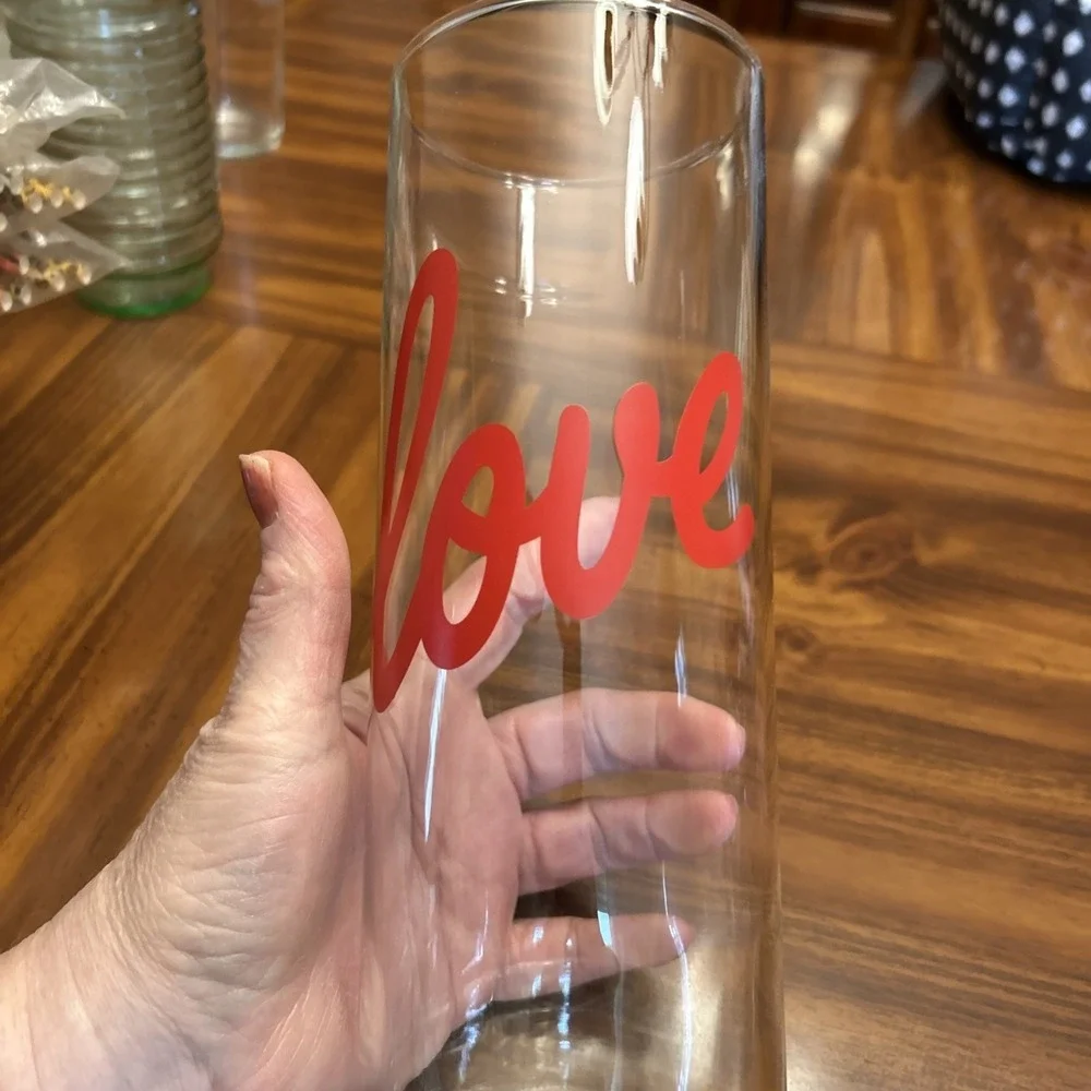 cylindrical clear glass vase Red‎ LOVE Print 9.5